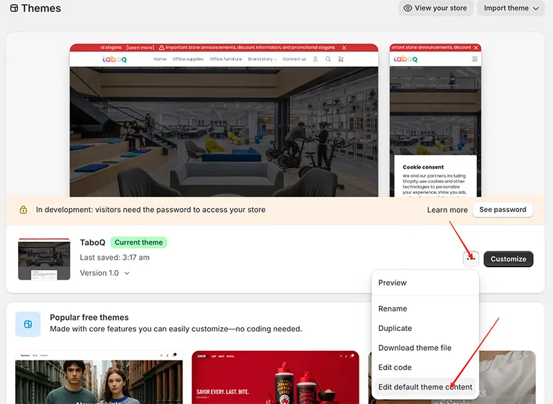 Edit default theme content option in Shopify admin