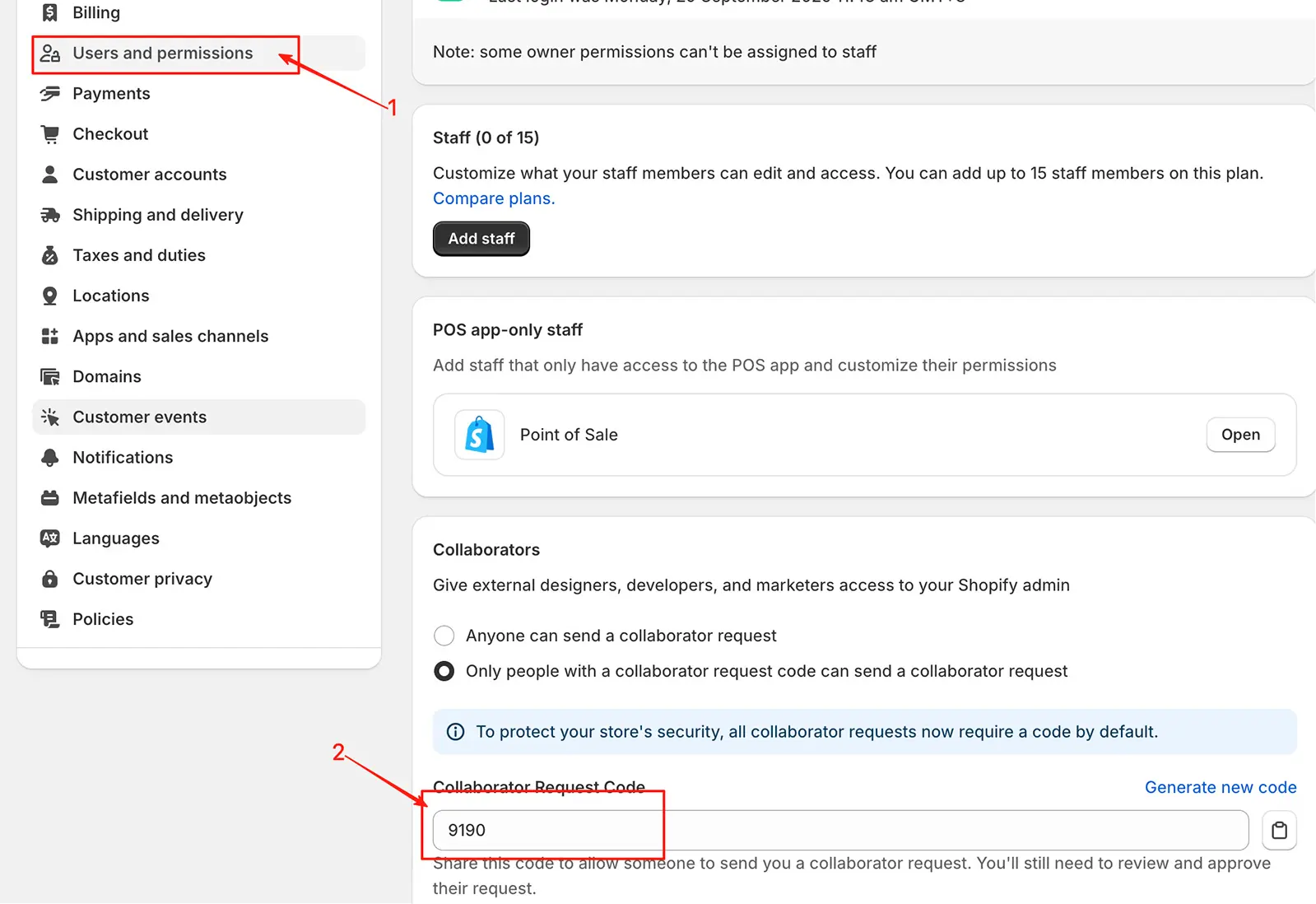 Partner access code location in Shopify admin: Settings > Users and permissions > Partner access