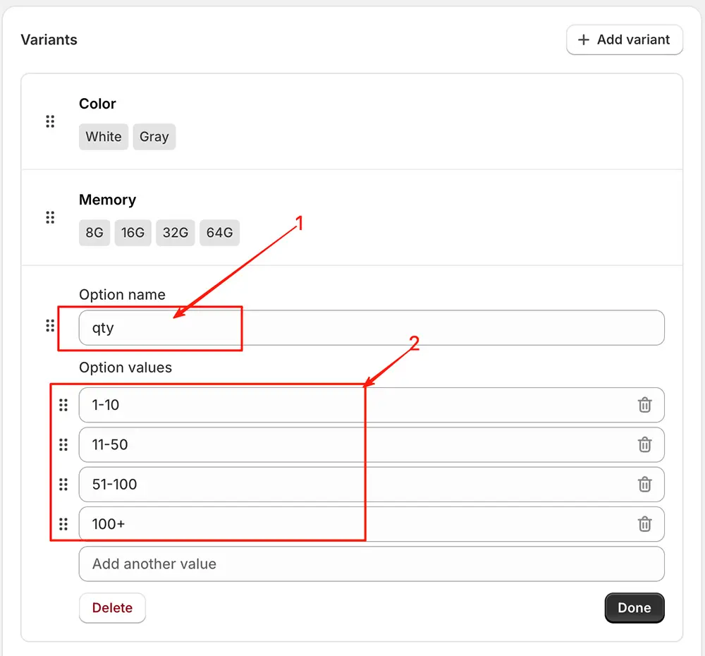 Example: qty variant with range values like "1-10", "11-50", etc.